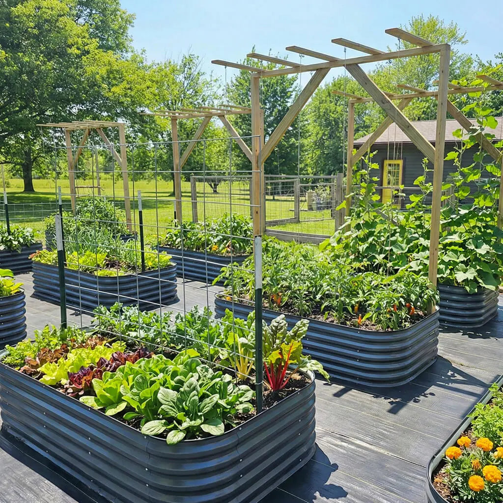 eight metal planter boxes in greenhouse-Vegega