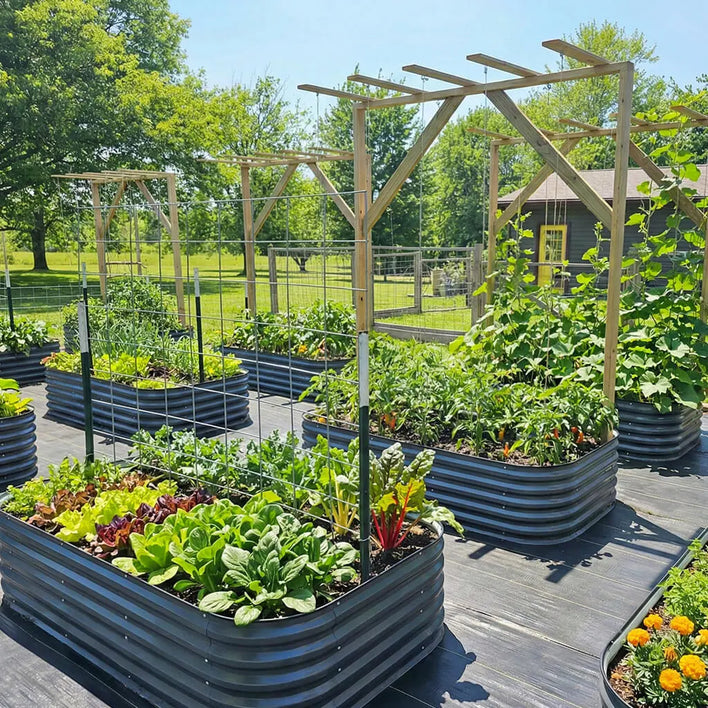 eight metal planter boxes in greenhouse-Vegega
