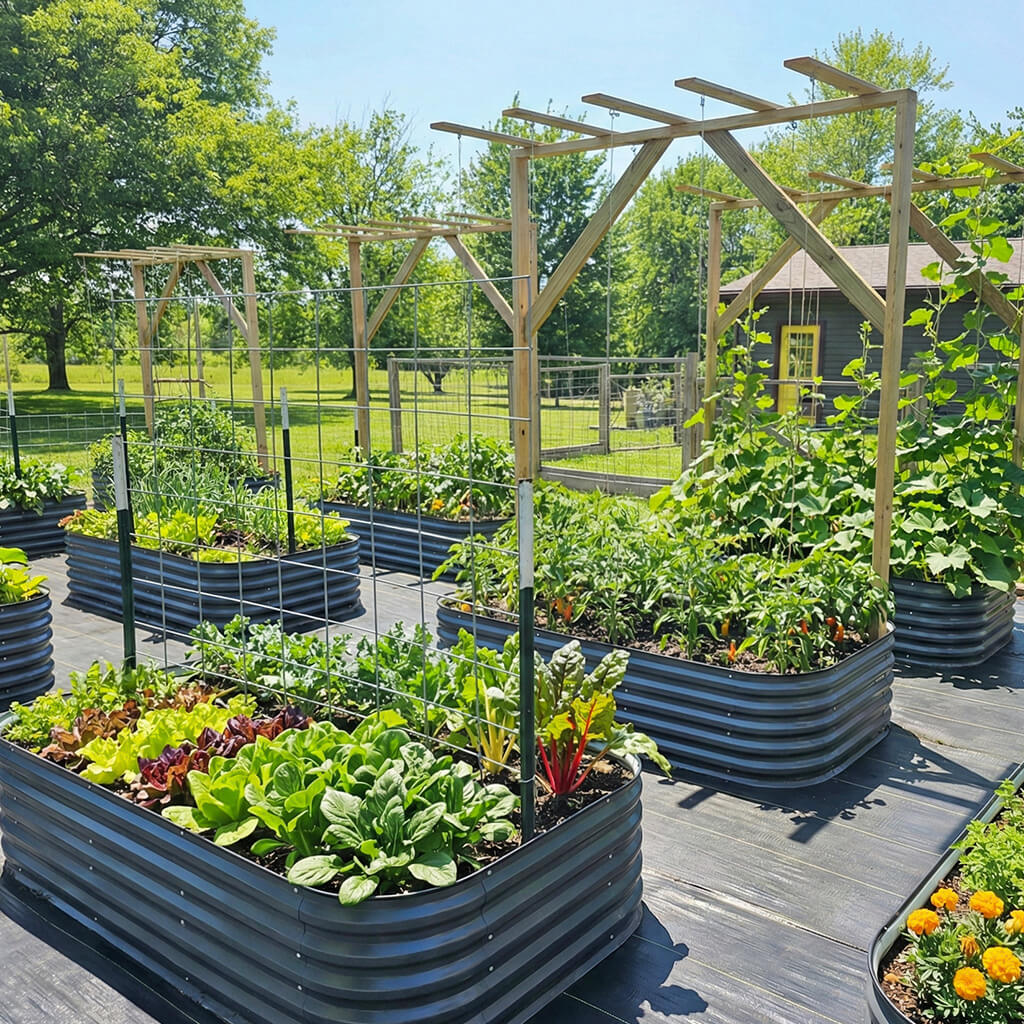 eight metal planter boxes in greenhouse-Vegega