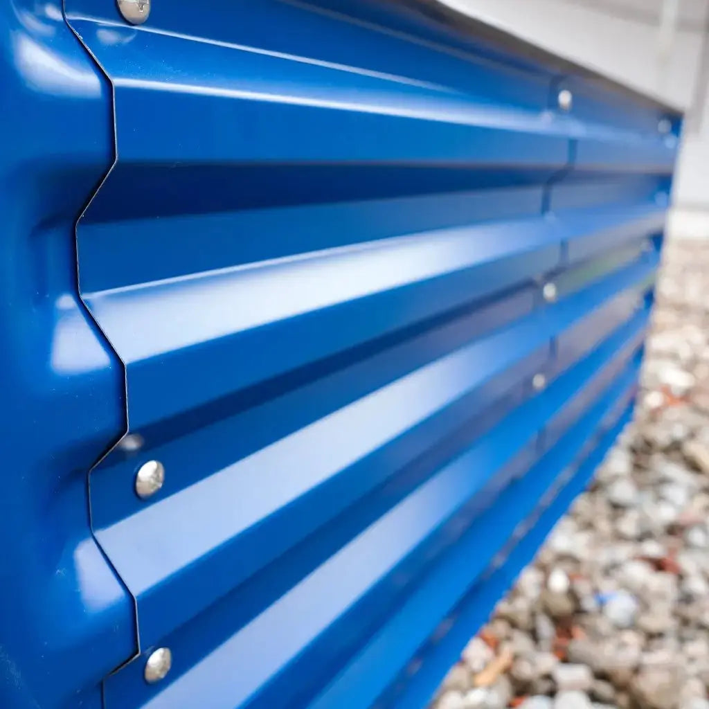 close-up of u-shaped rectangle raised garden bed blue color-Vegega