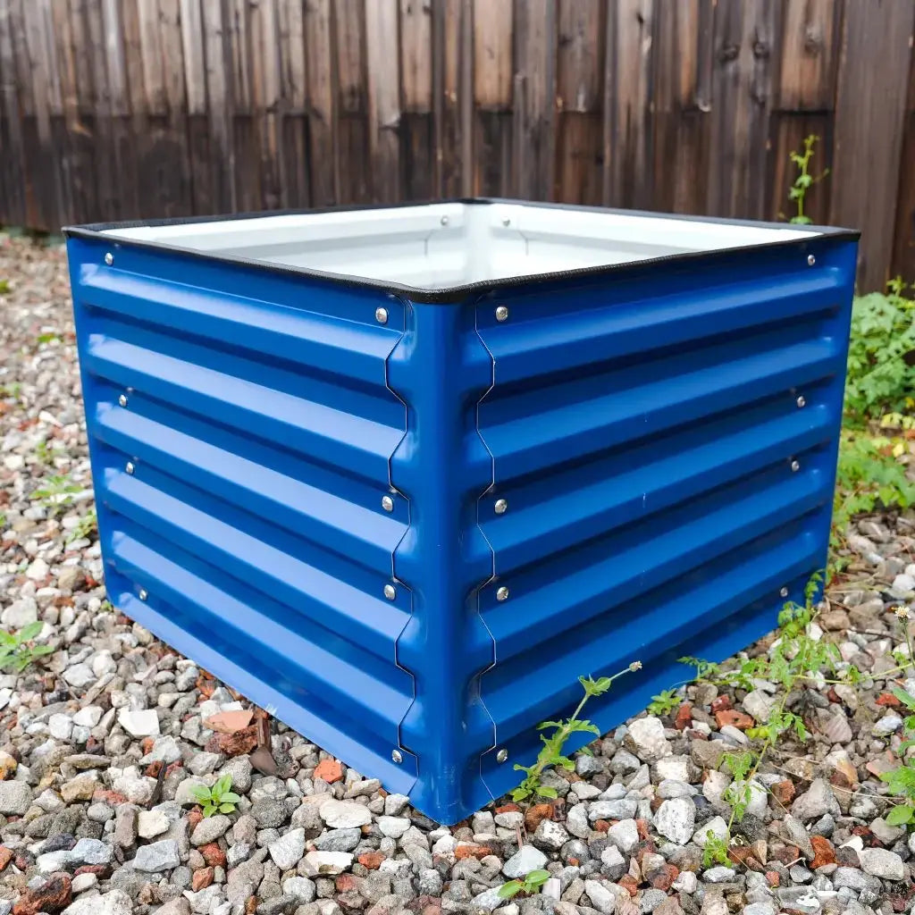 side of square Planter Boxes blue-vegega metal raised beds