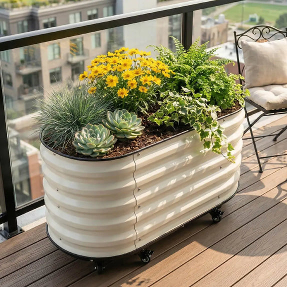 3.5ft x 2ft Self-Watering Base with wheels installed on metal raised bed-VEGEGA