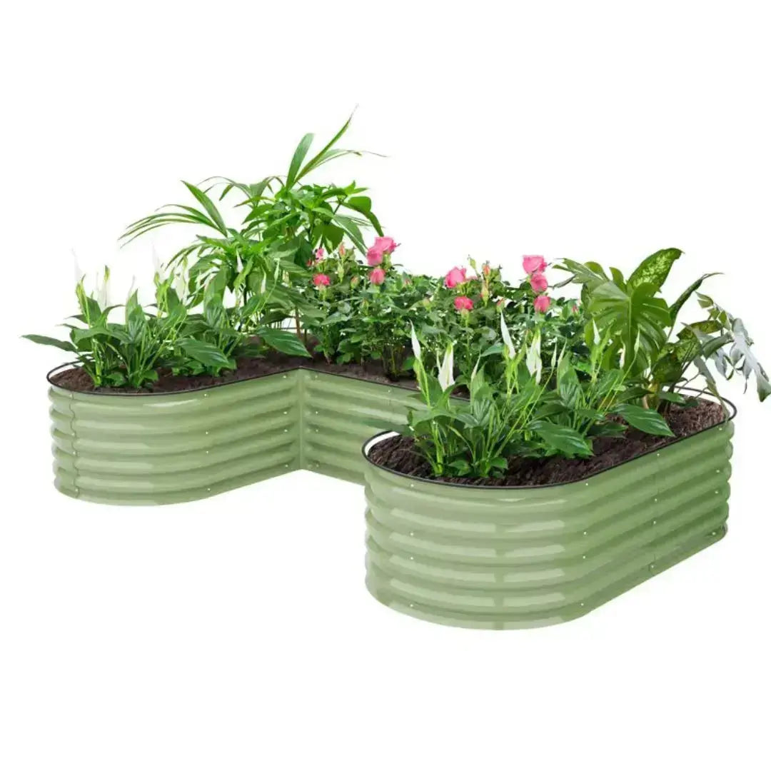 large plastic rectangular planter boxes bunnings Vegega 17" Tall U-Shaped Large Size Raised Garden Bed Modular Corrugated Metal, Reseda green
