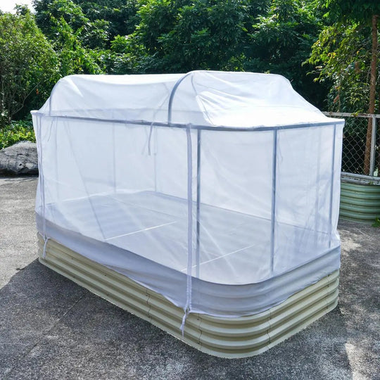 side of raised garden bed cover installing on a metal garden bed