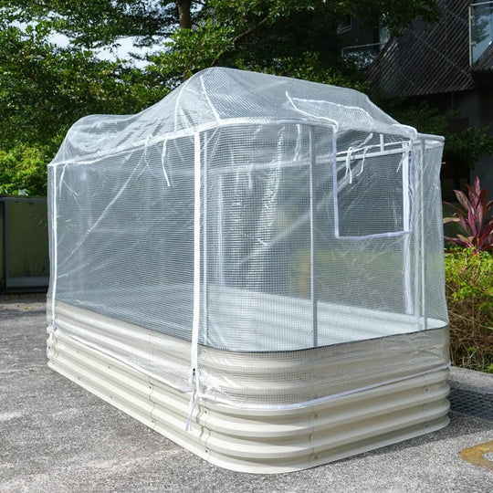 raised garden bed cover installing on a metal raised bed