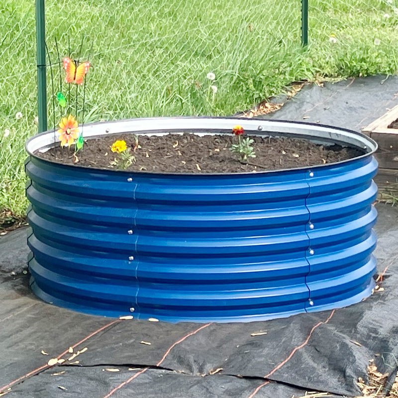 blue round raised metal garden beds-Vegega