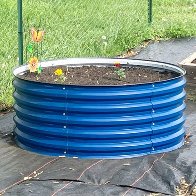 blue round raised metal garden beds-Vegega