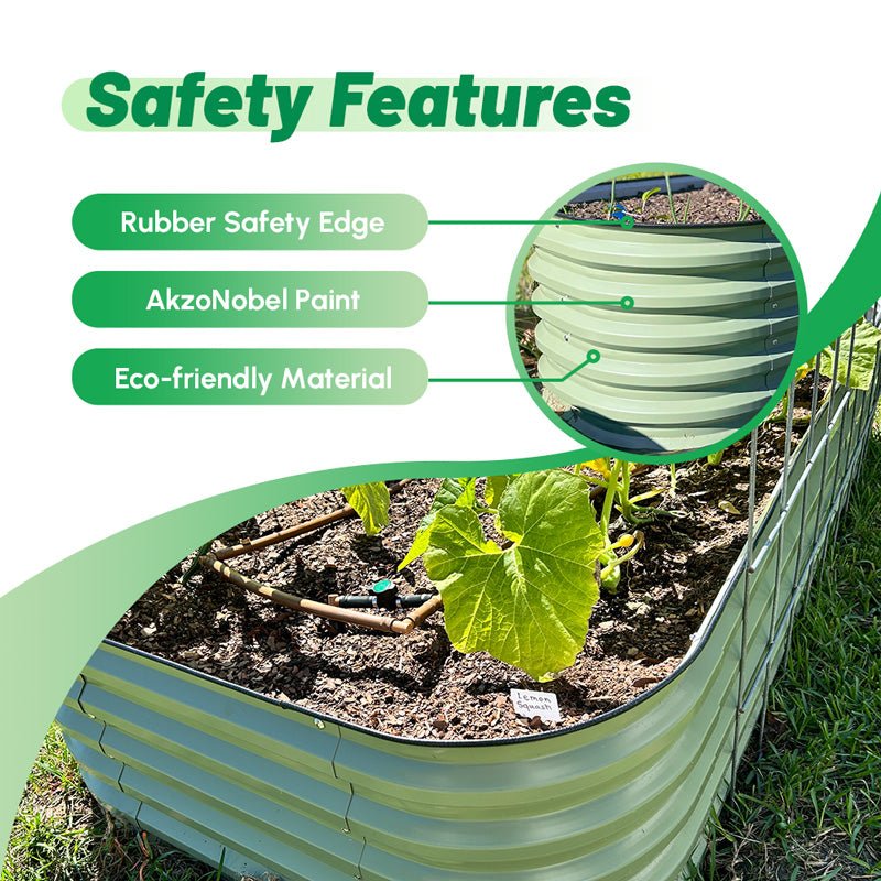 infographic of safety features of metal raised beds-Vegega