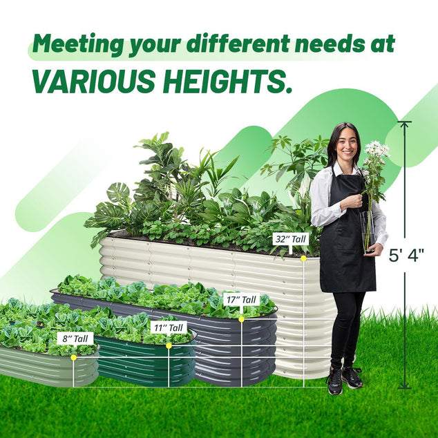 infographic of different heights of metal raised beds-vegega